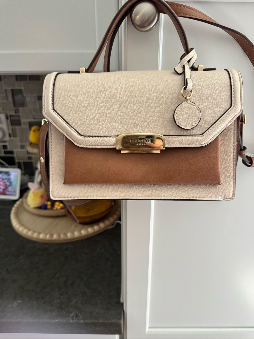 Ted Baker Cream and Brown Leather Structured Top-Handle Satchel